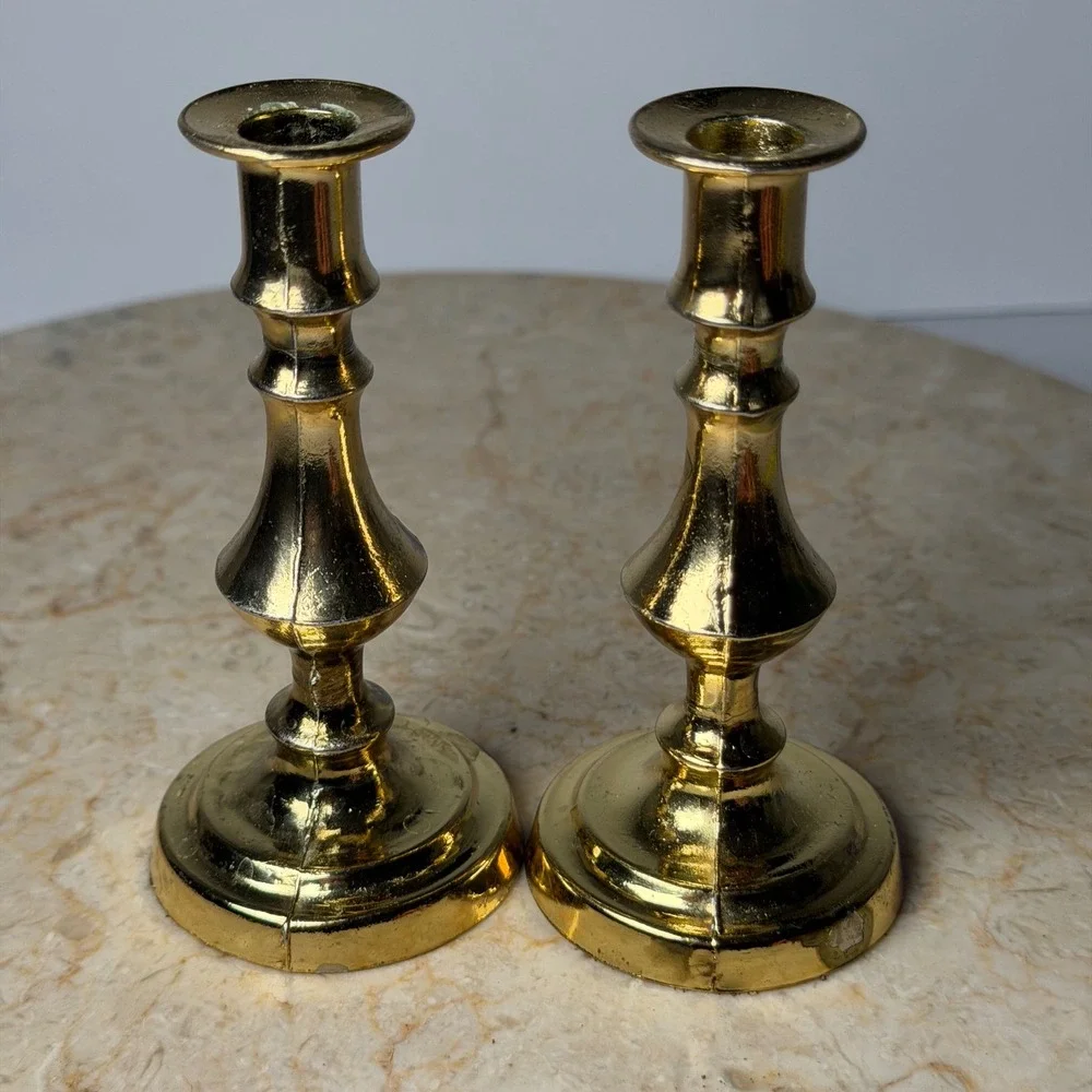 Vintage Made in England Brass Candlestick Set 4 Inch Gold Baluster Taper Holders